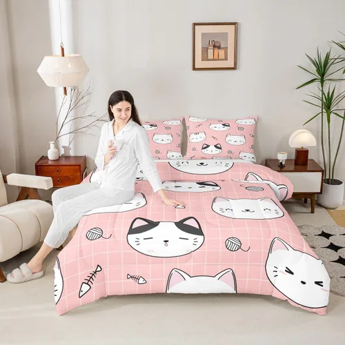Miniatura 18 de Erosebridal Juego de ropa de cama para niños, tamaño individual, diseño de gatos de dibujos animados, para niñas, niños y adolescentes, edredón