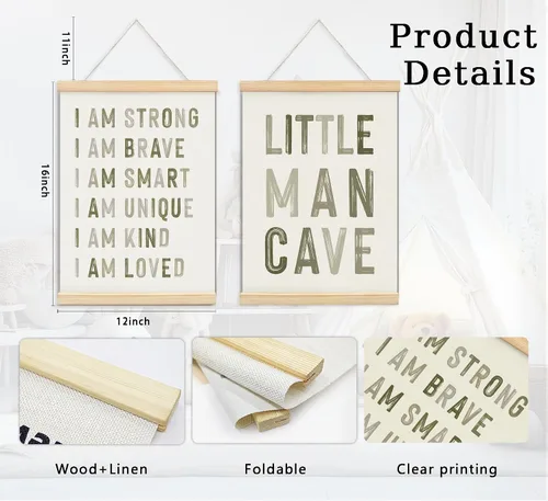Miniatura 6 de ULEGIE Pósters de decoración para guardería de niños con marcos y colgador de madera, cartel de cueva de Little Man para niños, decoración de Verde