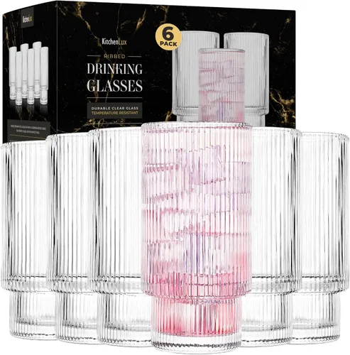 Kitchen Lux Vasos de vidrio acanalados de 12 onzas – Juego de 6 vasos acanalados – Juego de 6 vasos estéticos con textura vintage retro ondulados