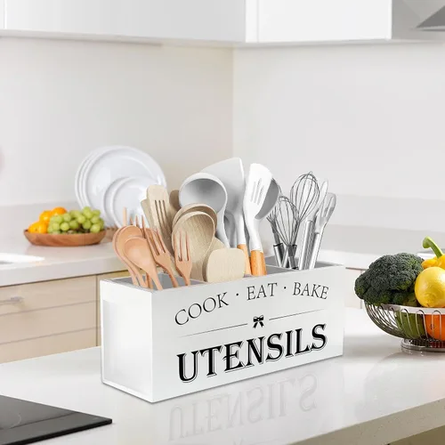 Miniatura 7 de Suli Soporte extra grande para utensilios de cocina con 4 compartimentos, organizador de utensilios de madera para encimera, decoración de cocina
