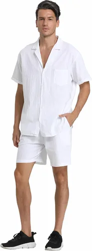 Miniatura 5 de RPOVIG Conjunto corto de camisa de lino conjunto casual de 2 piezas para hombre