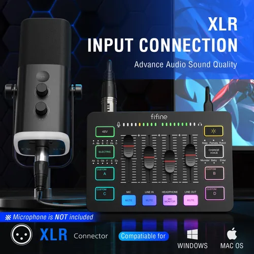 Miniatura 2 de FIFINE Mezclador de audio para juegos con paquete de cable XLR, mezclador de PC RGB de transmisión con cable de micrófono, interfaz XLR, atenuadores