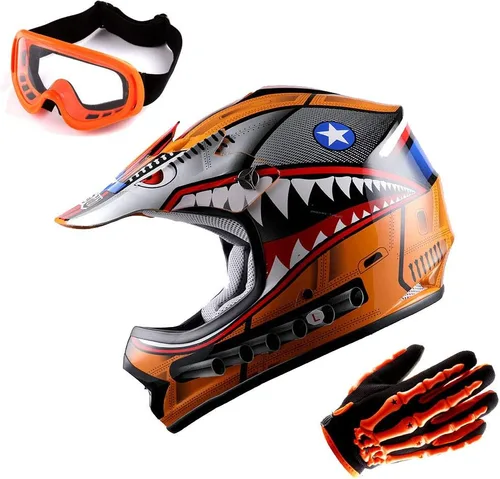 Miniatura 5 de WOW Casco de Motocross Juvenil MX BMX Casco de Bicicleta Araña Negro + Gafas + Guantes Negros Esqueleto Paquete Verde tiburón