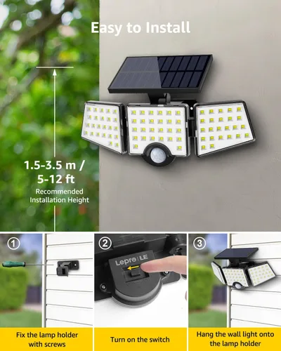 Miniatura 6 de LE - Luces solares para exteriores, luces solares para exteriores con sensor de movimiento, alto brillo WL4000, 3 cabezales ajustables ángulo
