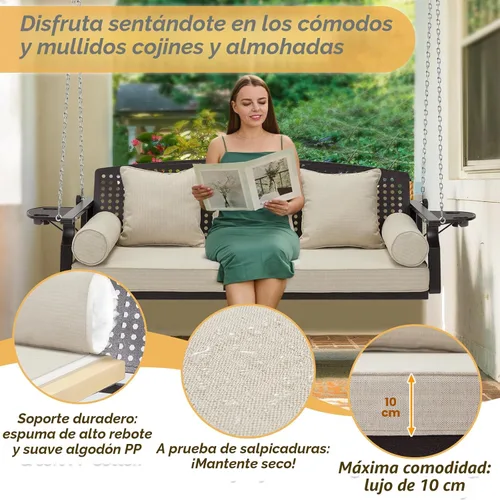 Miniatura 7 de Columpio colgante de porche de 3 asientos, banco de columpio para patio con portavasos y 3 cojines de respaldo, silla columpio con cadenas para Beige
