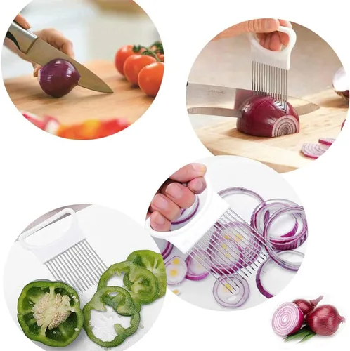 Miniatura 9 de Juego de 4 piezas de soporte de cebolla, cortador de cebolla, de acero inoxidable, fruta, tomate, limón, patata, verduras, herramienta