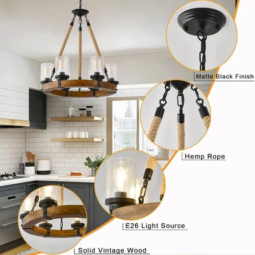 Miniatura 3 de Candelabro de iluminación de rueda de carro, 6 luces con pantalla de vidrio semillado, lámpara redonda de madera para cocina, isla de vestíbulo