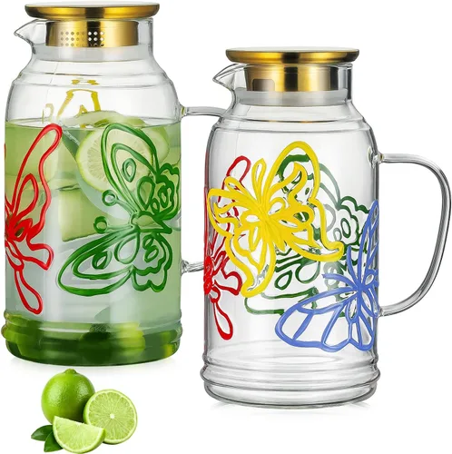 Buaic Jarra de Vidrio con Tapa y Asa, PAQUETE DE 2 de 68 oz/2 Litros Jarra de Agua para Refrigerador con Diseño Vintage de Mariposa Pintado a Mano,