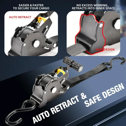 Miniatura 6 de Correas de amarre de trinquete retráctiles automáticas (paquete de 2), 1 pulgada x 10 pies, resistencia máxima a la rotura de 1500 libras, asas
