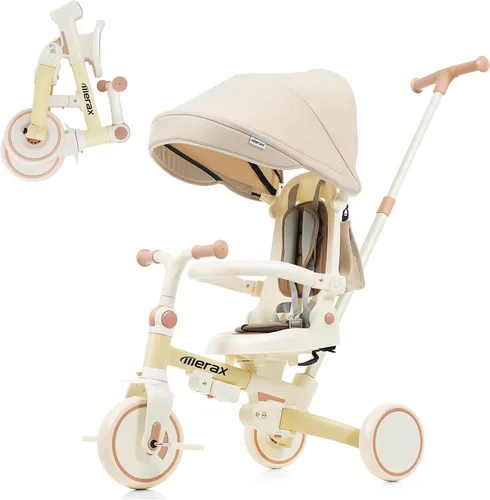 Miniatura 11 de Cochecito de triciclo de bebé 7 en 1 para niños pequeños de 1 a 6 años con mango de empuje ajustable, asiento giratorio, toldo retráctil Amarillo