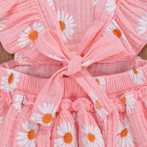 Miniatura 7 de Bebé Niñas Impresión Margarita Algodón Lino Volantes Sin Mangas Mameluco Mono Mono con Headaband Ropa Infantil Verano