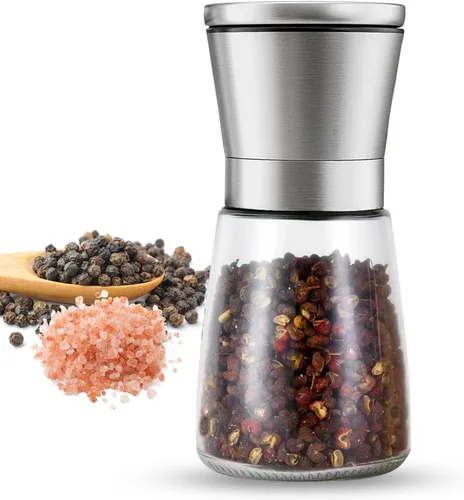 Molinillo de Pimienta Manual Premium con Tapa de Acero Inoxidable, Cuchillas de Cerámica y Molinillo de Grosor Ajustable para Pimienta Recién