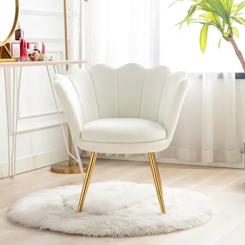 Miniatura 10 de chairus Silla de tocador de maquillaje blanca crema con respaldo, pequeña silla moderna tapizada de terciopelo con patas de metal dorado, bonita