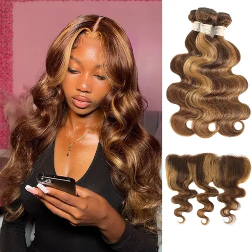 Miniatura 14 de ALHER Long Deep Part 2x6 Closure Body Wave Honey Blonde Highlight, Ombre Brown and Blond 2x6 Kim K Transparent HD Lace Closure Pre Plucked With Baby