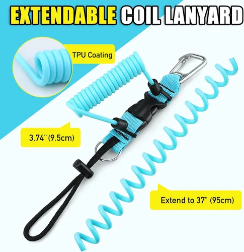 Miniatura 2 de Buceo bobina Landyard, cordón de acero inoxidable para cámara en espiral con hebilla de metal de liberación rápida Azul claro