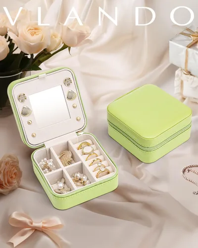 Miniatura 7 de Vlando Pequeño organizador de joyero de viaje Anillo de regalo para mujer, aretes, collares, vitrina de almacenamiento para niñas, color verde