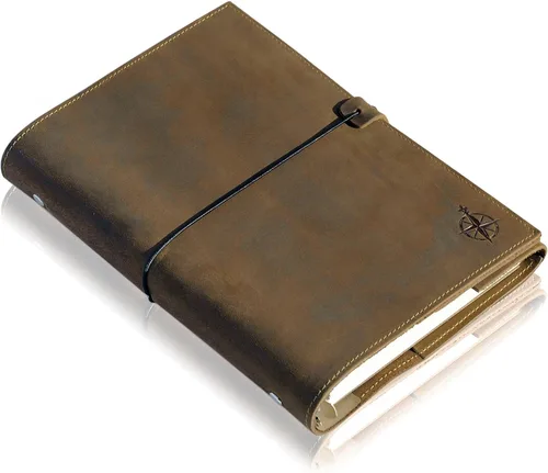 WANDERINGS Diario de carpeta de cuero A5, organizador de 6 anillos hecho a mano con bolsillos, planificador de cuero con insertos de planificador,