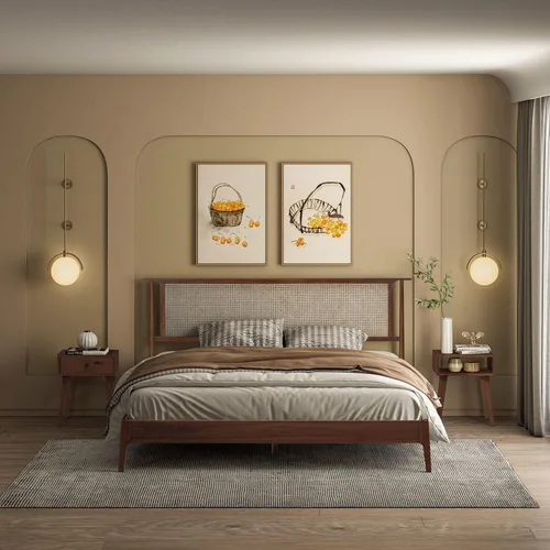Miniatura 8 de NTC Marco de Cama de Madera Ruby con Cabecero y Ratán Natural, Base de Madera Sólida de Roble/Caucho con Listones Silenciosos, Capacidad de 1000