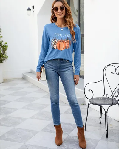 Miniatura 6 de Sudaderas con estampado de calabaza para mujer, cuello redondo, casual, manga larga para otoño