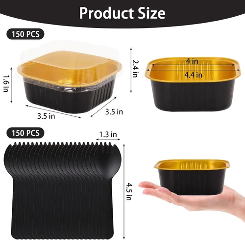 Miniatura 2 de FORBFAN Paquete de 150 mini moldes para pasteles de 10 onzas con tapas y cucharas, tazas cuadradas de postre de papel de aluminio negro y dorado