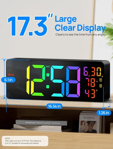 Miniatura 2 de MASHI Reloj digital grande de montaje en pared de 17.3 pulgadas, reloj digital con control remoto, alarma, LED grande, color RGB, DST, temperatura