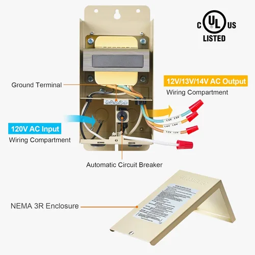 Miniatura 2 de Suraielec Transformador de luz de piscina de 300 W, 120 V CA a 12 V 13 V 14 V CA Multi Tap Salidas, transformador de paisaje de bajo voltaje