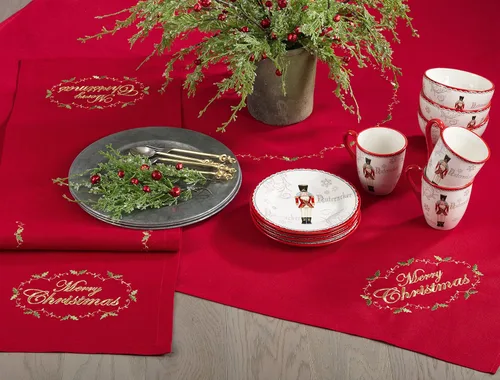 Miniatura 3 de SARO LIFESTYLE Mantel de mesa con diseño bordado de Feliz Navidad, 54 pulgadas, rojo