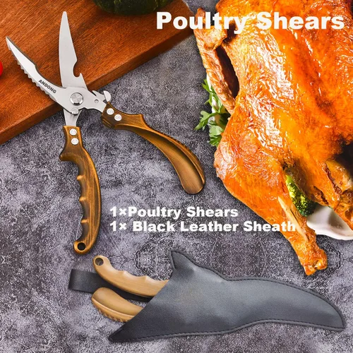 Miniatura 6 de ANDONG Tijeras de cocina – Tijeras de acero inoxidable resistentes para aves, carne y huesos con funda de cuero negro para alimentos Plus