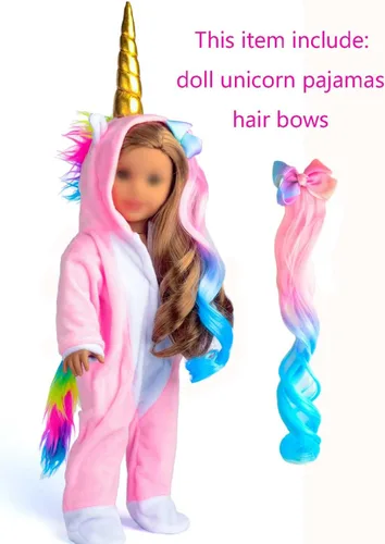 Miniatura 5 de Ropa para muñeca de 18 pulgadas, disfraz de unicornio, pijama y mameluco con arcoíris, pinzas de pelo con moño. Se ajusta a muñecas de 18 pulgadas
