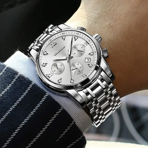 Miniatura 2 de OLEVS Relojes impermeables para hombre, de acero inoxidable, con cronógrafo, de lujo, color blanco, luminoso, de gran cara, analógico, de cuarzo