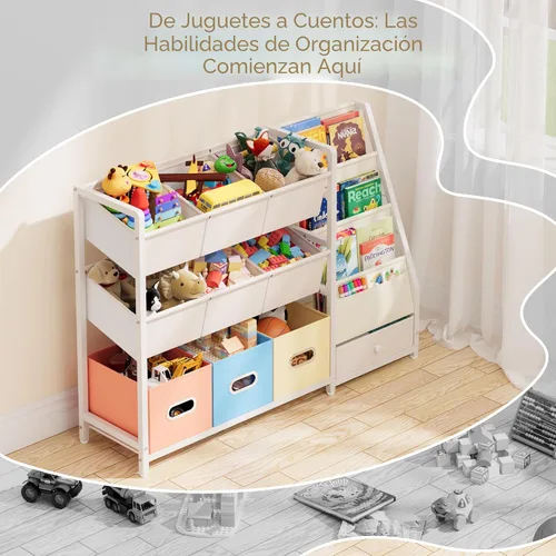 Miniatura 6 de HAVLOTII Organizador de almacenamiento de juguetes, estantería para niños y almacenamiento de juguetes con 3 estantes para libros y 10 contenedores