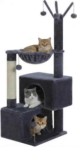 Miniatura 16 de Árbol para gatos de 45 pulgadas para gatos de interior, torre compacta para gatos con 2 condominios, cama hamaca y 5 juguetes de bola colgantes