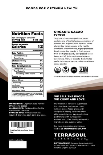 Miniatura 2 de Terrasoul Superfoods Polvo de cacao orgánico crudo, 2 libras (paquete de 2) - Raw Keto Vegano