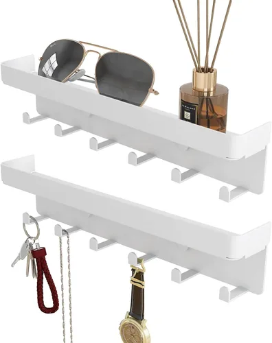 Miniatura 12 de Soporte para llaves de pared, organizador rústico de llaves y correo, 6 ganchos para llaves con estante, pequeño estante para llaves con bandeja