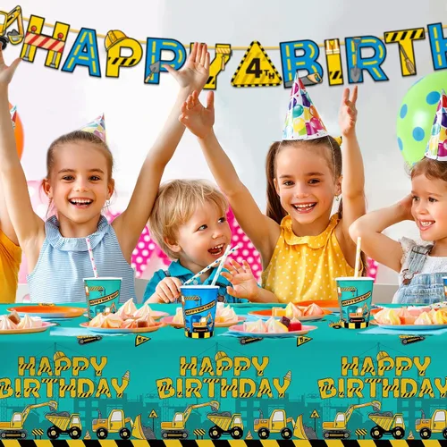 Miniatura 6 de Kit de suministros para fiesta de cumpleaños de construcción, platos de papel desechables, servilletas, vasos, mantel y pancarta, decoraciones