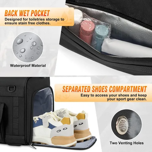 Miniatura 5 de RAINSMORE Bolsa de gimnasio para hombres, 45L grande 3 en 1, bolsa deportiva con compartimento para zapatos y bolsillo húmedo, resistente al agua