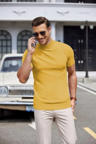 Miniatura 2 de COOFANDY Suéter de cuello alto falso para hombre, de manga corta, color sólido, básico, ajustado, de punto