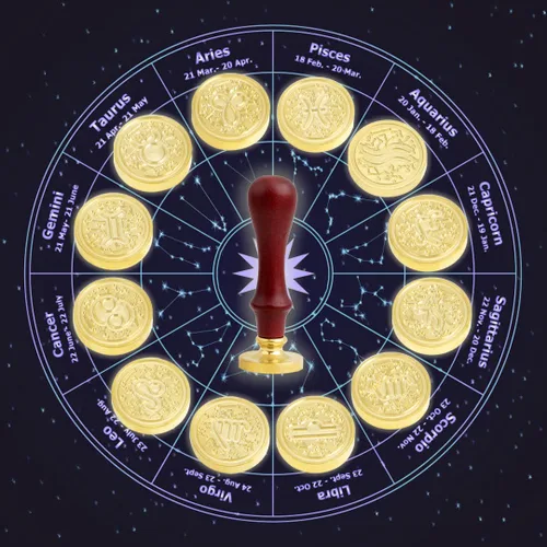 Juego de sellos de cera con 12 constelaciones, tema, signos del zodiaco, cabezas de latón, asas de madera, juego de sellos de sellado