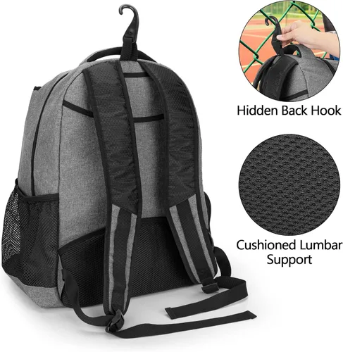 Miniatura 4 de Bolsa de tenis DSLEAF para hombres/mujeres para guardar 2 raquetas, mochila de tenis con espacio separado para zapatos para el deporte de tenis Gris