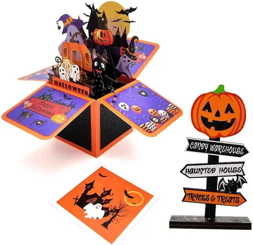 Miniatura 8 de Tarjeta de caja desplegable de Halloween, 3D de casa encantada, fantasma, calabaza, tarjetas para fiesta de Halloween con sobres, etiqueta de notas