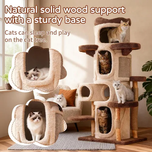 Miniatura 3 de RPZ Árbol para gatos de madera maciza de lujo de 54.7 pulgadas para gatos pequeños a medianos, poste rascador de madera natural con rama real
