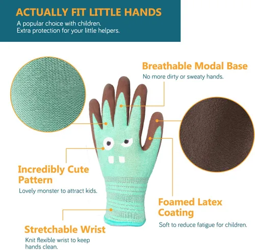 Miniatura 2 de COOLJOB 2 pares de guantes de trabajo para niños pequeños de Modal, edades 2-5, guantes de jardinería para niños con revestimiento de goma, ultra