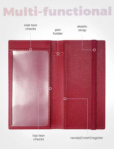 Miniatura 110 de Yarnic Funda para chequera personal, soporte para chequera con soporte para bolígrafo y divisor de plástico transparente integrado para cheques Rosa