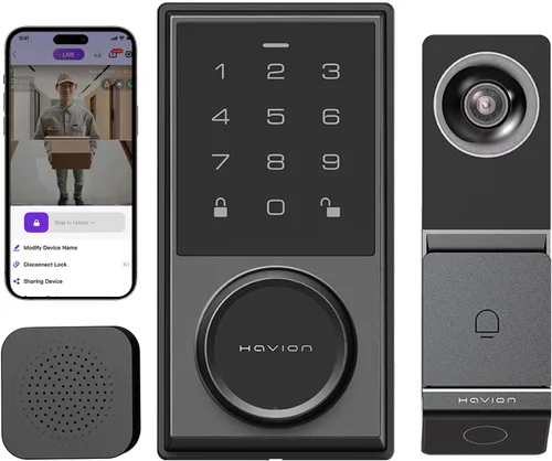 Timbre de video inalámbrico con juego de cerradura inteligente, incluye timbre, cámaras duales, 5MP 3K QHD, pantalla de 2 pulgadas y eMMC de 32 GB,