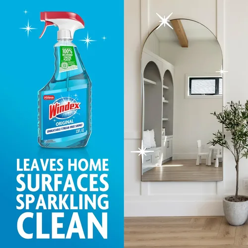 Miniatura 5 de Windex Spray limpiador de vidrio y ventanas, botella hecha de plástico 100% reciclado, espray de limpieza de superficies, aroma azul original, 23