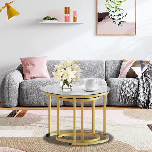 Miniatura 9 de aboxoo Juego de 2 mesas de centro anidables doradas, pequeñas mesas redondas de vidrio para sala de estar, dormitorio, mesa de té decorativa