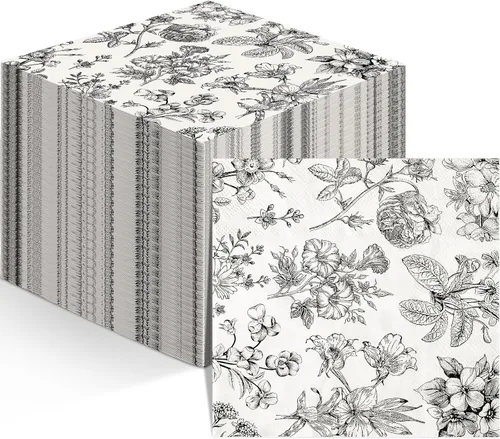 Tatuo Servilletas de papel florales desechables en blanco y negro, servilletas florales vintage con flores para invitados, toallas de mano para