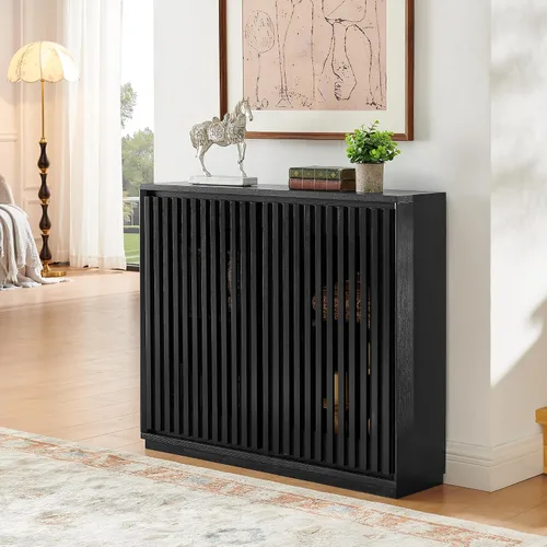 Miniatura 5 de Mesa consola estrecha de 39 pulgadas con puertas huecas, aparador moderno de mediados de siglo con 2 orificios de salida, gabinete de almacenamiento