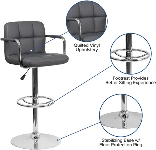 Miniatura 6 de Flash Furniture Taburete de bar de altura ajustable de vinilo acolchado gris contemporáneo con brazos y base cromada