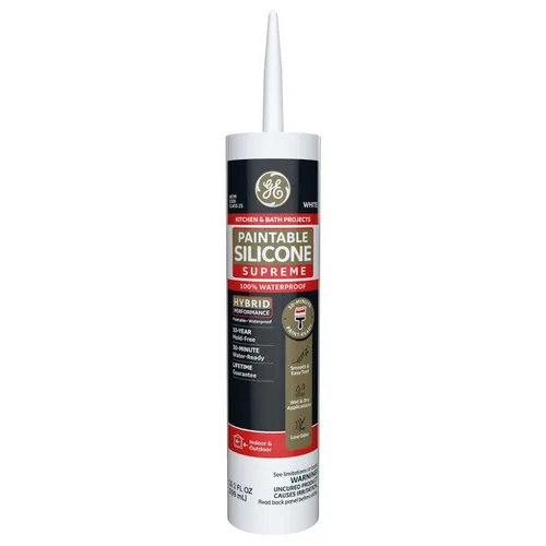 GE Supreme - Masilla de Silicona Pintable para Cocina y Baño, Blanco, Cartucho de 9.5 fl oz, 1 Paquete - Sellador de Silicona 100% Impermeable,